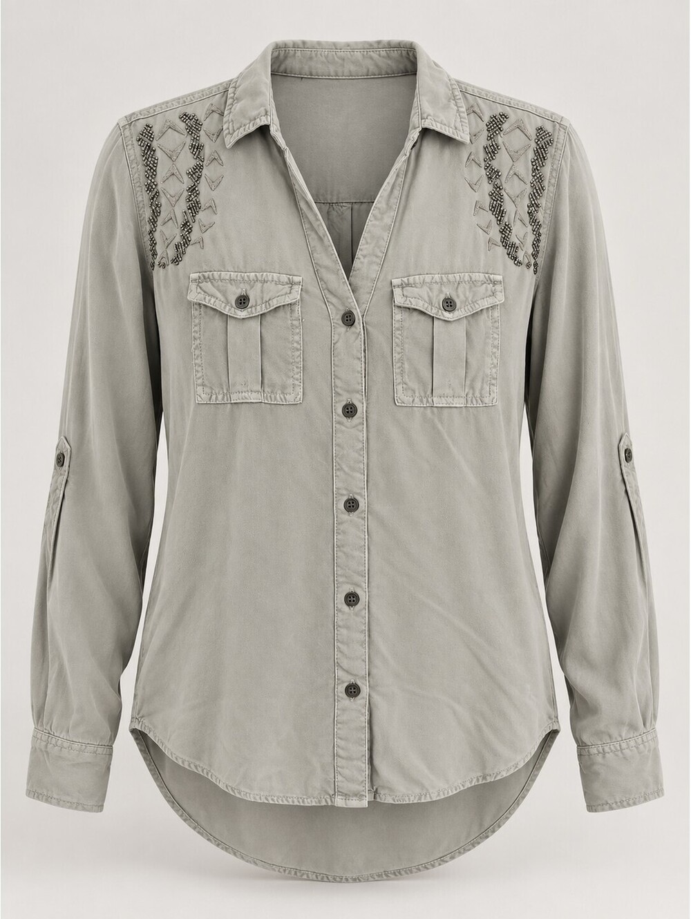 Rock & Republic Women's M Gray Beaded Utility Shirt Roll Tab Sleeve Y2K